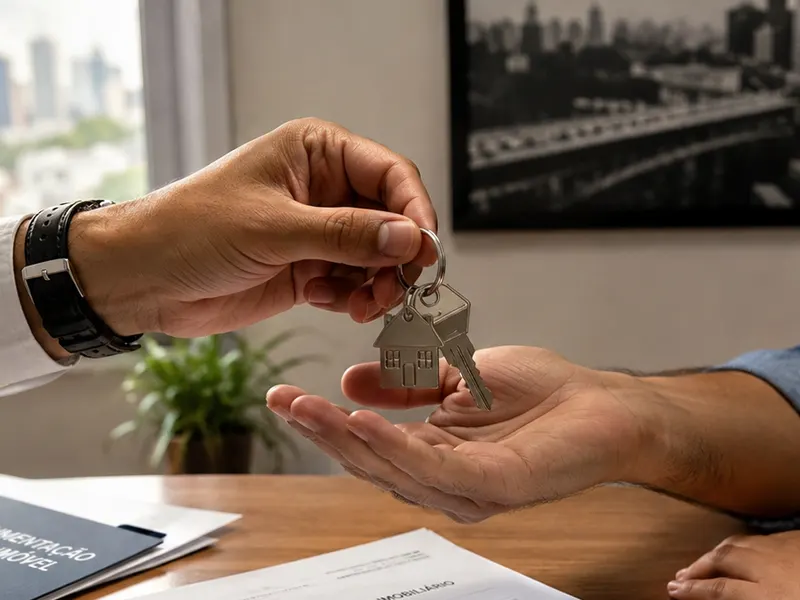 Corretor entregando as chaves do apartamento, com chaveiro de casinha, nas mãos do cliente